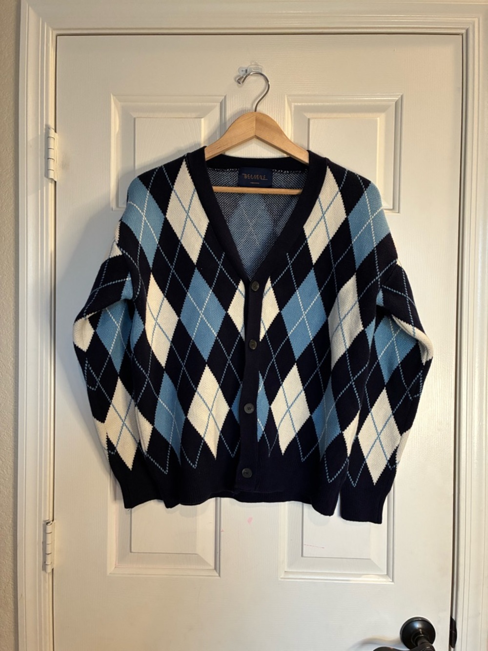 Navy & Light Blue Argyle Cardigan Sweater - Men's